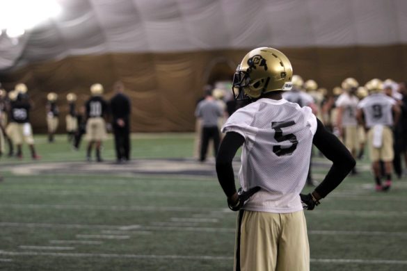 Freshman defensive back Yuri Wright waits for a play to be called at practice on Mar. 7, 2014, in the practice bubble. Wright is a preseason 2nd-team All Pac-12 selection. (Matt Sisneros/CU Independent)