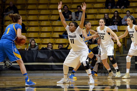 Colorado guard Brittany Wilson (11) tries to stop a pass from UCLA guard Thea Lemberger (1) in the second half of Friday's game. (Elizabeth Rodriguez/CU Independent)