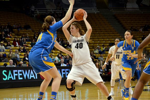 Colorado Buffaloes center Rachel Hargis (40) looks to get around UCLA Bruins forward Corinne Costa (34) at Friday night's game on February 28th. (Elizabeth Rodriguez/ CU Independent)