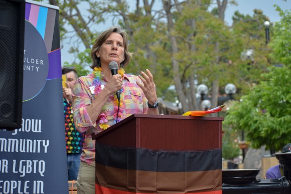 Mayor of Boulder Suzanne Jones speaks at Rainbows Over Pearl.