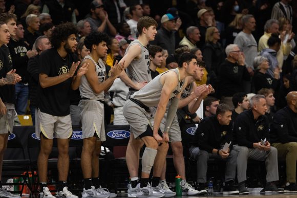 The Buffs watch their teammates during the second half at the CU Events Center. Dec. 1, 2022. (Kara Wagenknecht/The CU Independent)