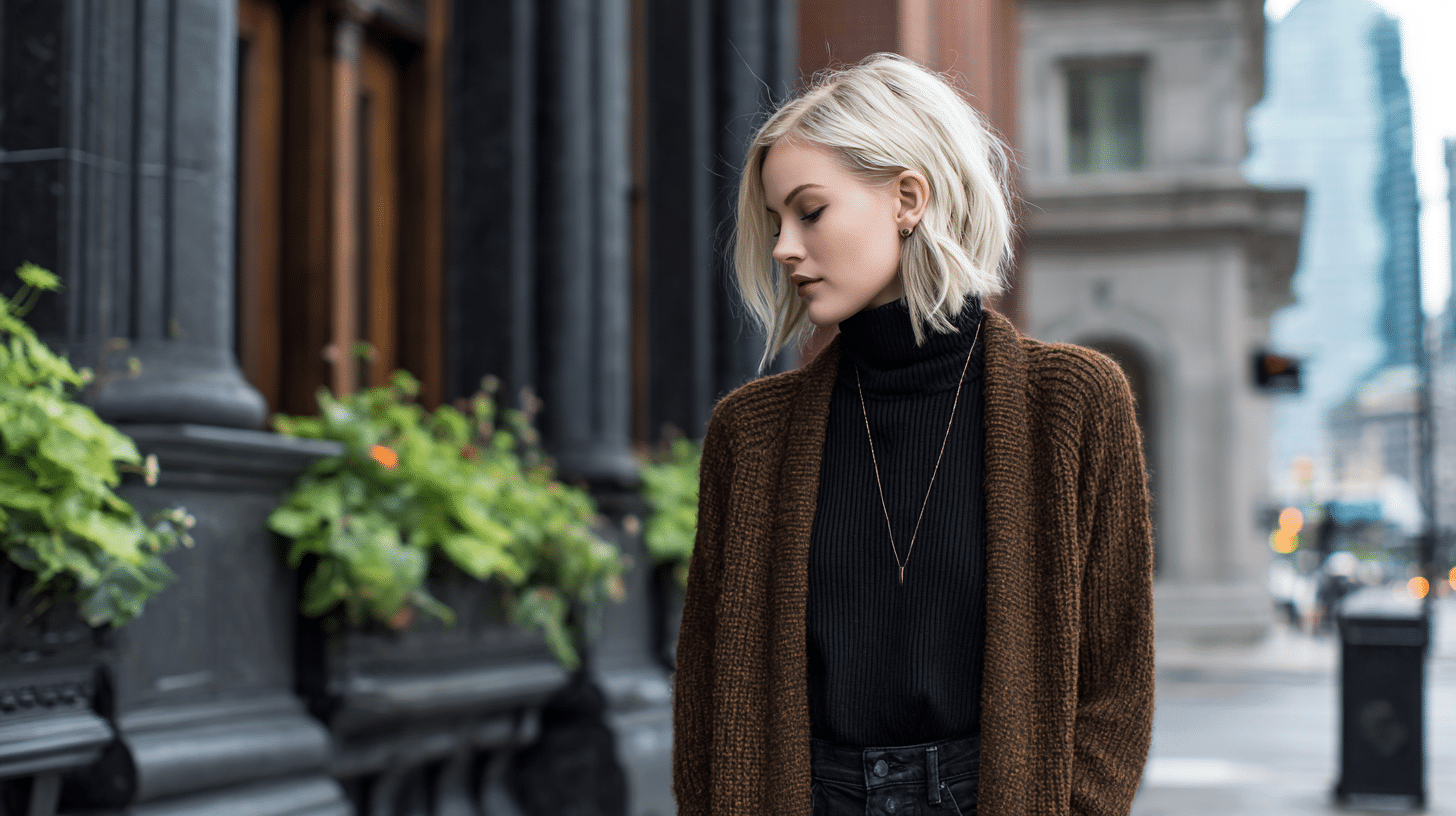 Black Turtleneck + Brown Cardigan
