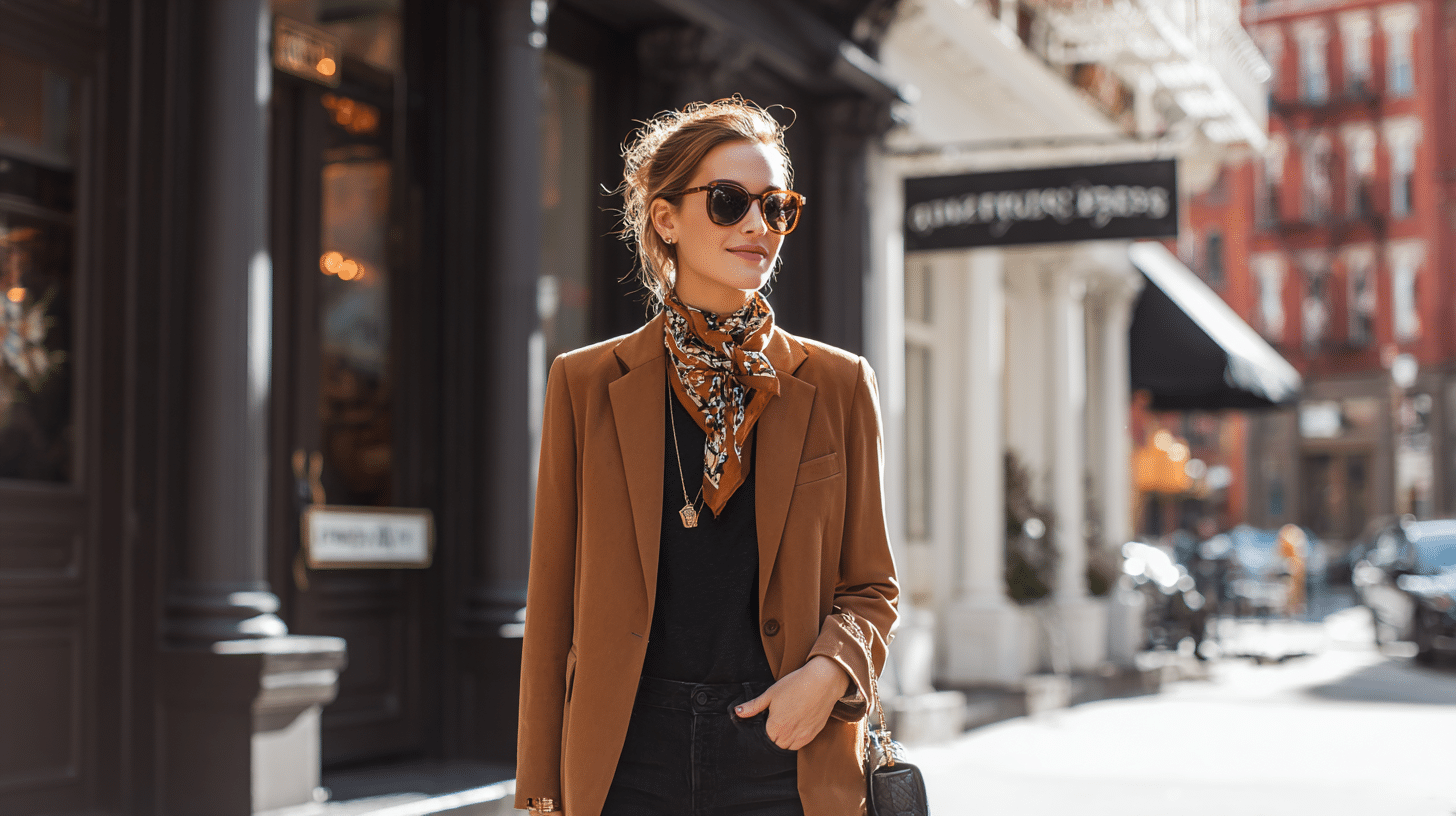 Brown Blazer Over All-Black Outfit
