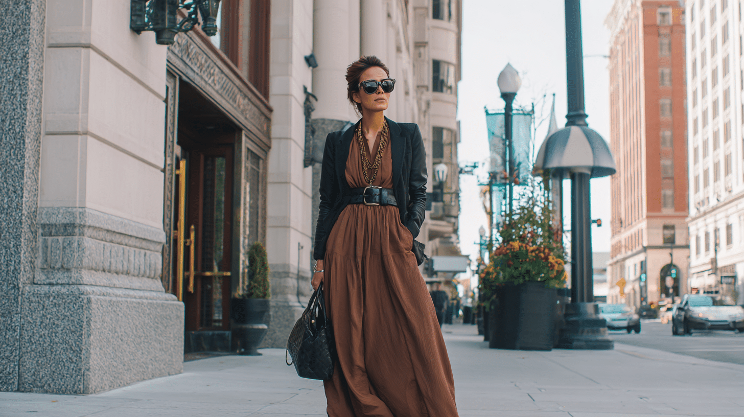 Brown Maxi Dress + Black Belt:Jacket