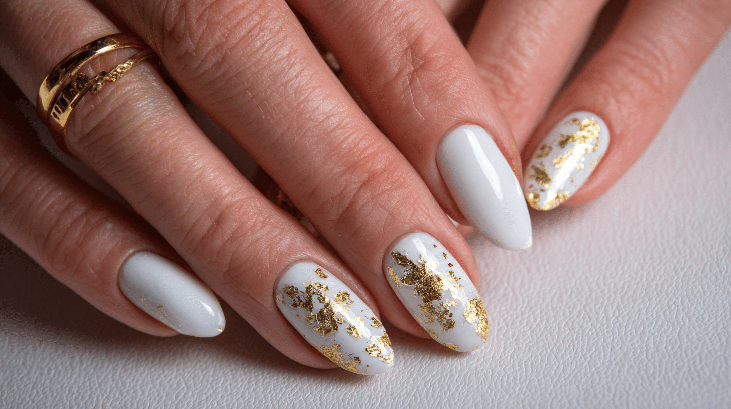 Milky White + Gold Leaf Foil Accent Nail