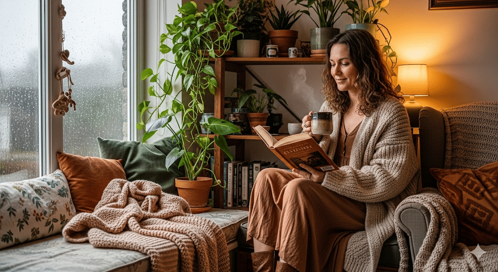 Cottagecore-Indoor-Reading-Look-With-Long-Dress-And-Rainy-Window-View