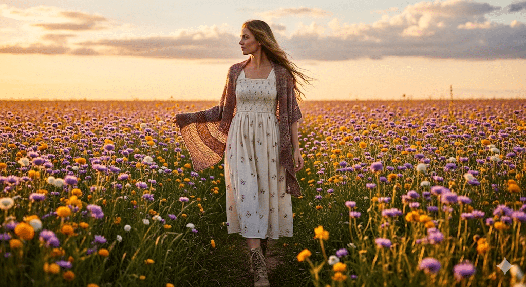 Cottagecore-Outdoor-Look-With-Smocked-Midi-Dress-And-Knitted-Shawl