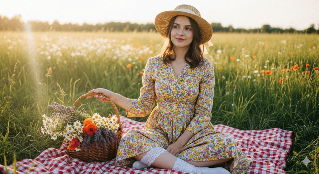 Cottagecore-Prairie-Picnic-Outfit-With-Flowy-Floral-Dress-And-Straw-Hat