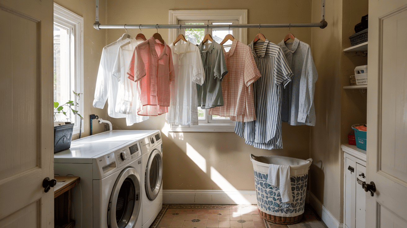 Small Space Laundry Idea Ceiling Mounted Rods