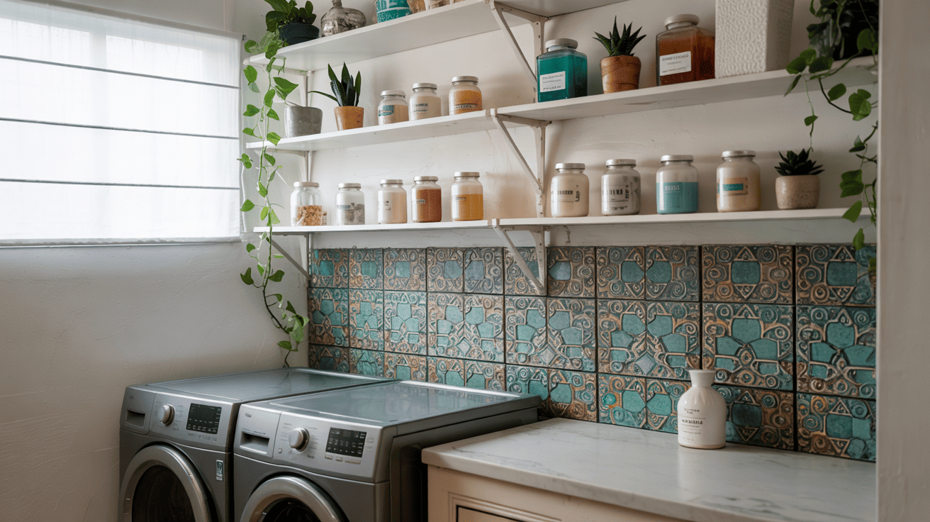 Stylish Laundry Idea Patterned Backsplash Tiles