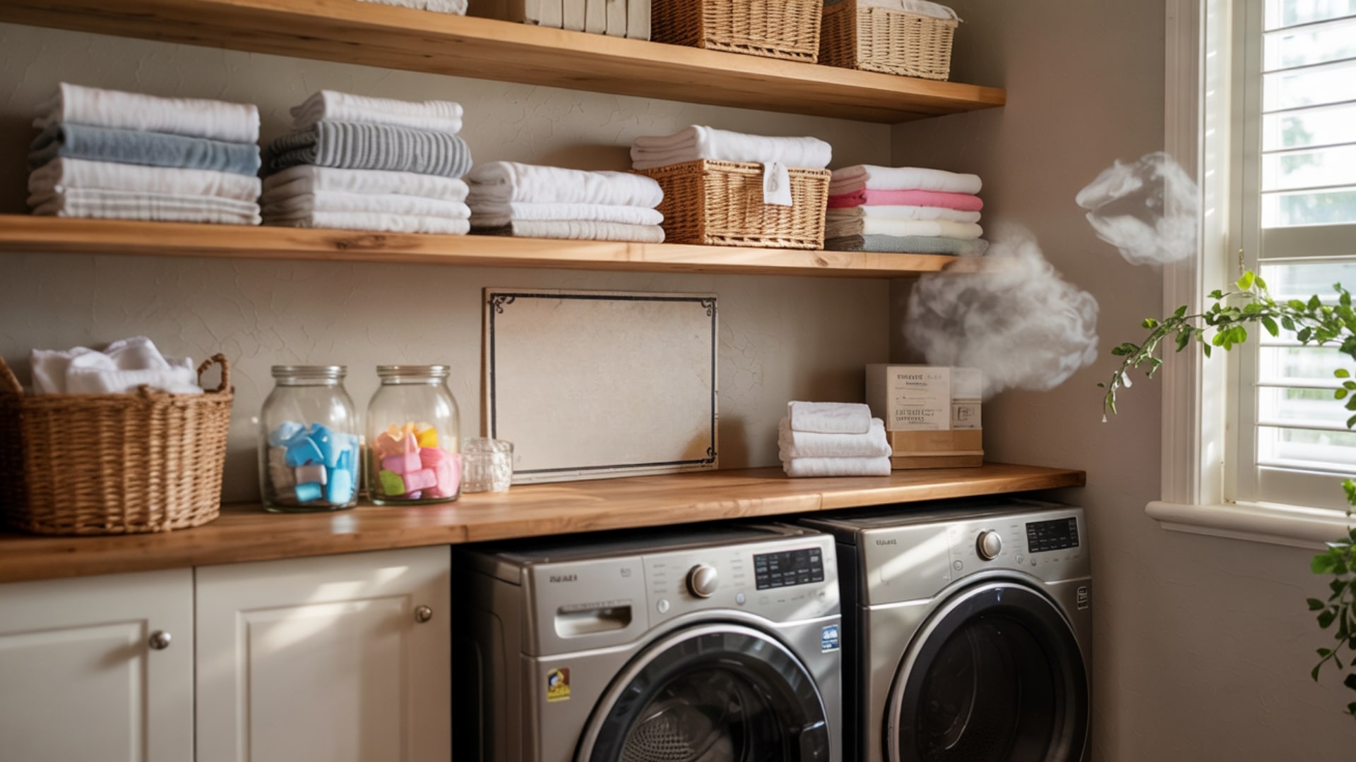 Stylish Laundry Idea Warm Wood Shelving