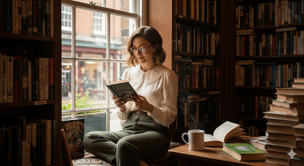 Vintage-Cottagecore-Bookstore-Outfit-With-Peter-Pan-Blouse-And-Trousers