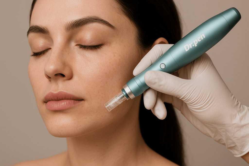 Aesthetic close-up of a woman receiving a microneedling facial treatment with a Dr. Pen device, performed by a professional wearing white gloves in a clean skincare clinic, highlighting smooth skin and precise technique.