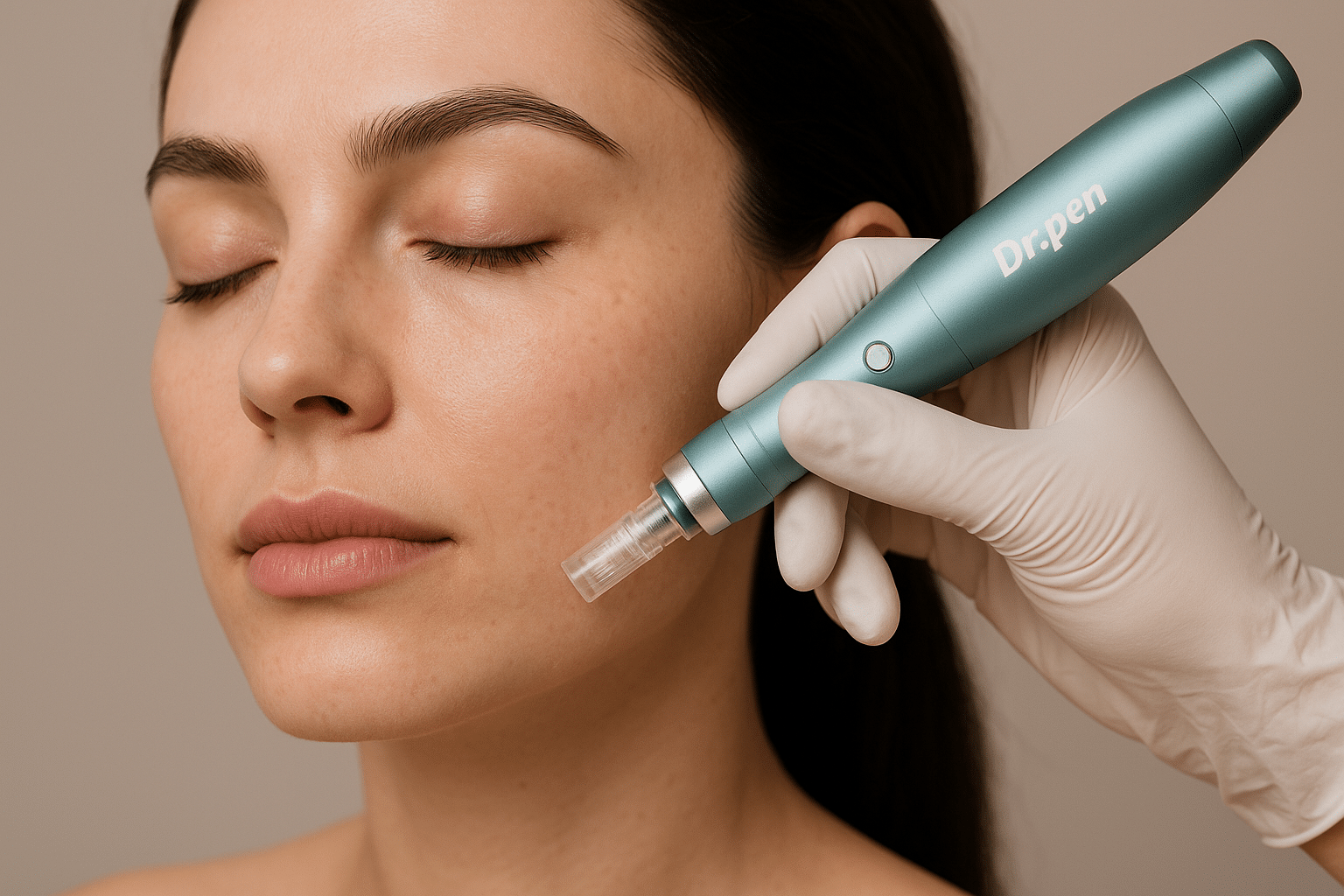 Aesthetic close-up of a woman receiving a microneedling facial treatment with a Dr. Pen device, performed by a professional wearing white gloves in a clean skincare clinic, highlighting smooth skin and precise technique.