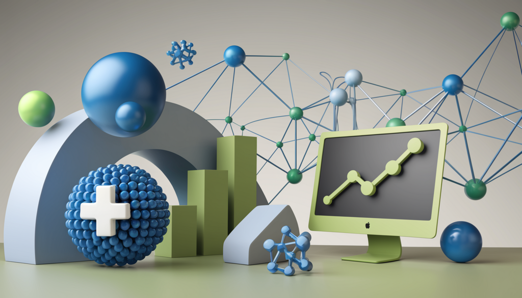 The image presents an abstract representation of B2B content marketing for industries like consulting, healthcare, IT, and HR in the USA, featuring interconnected networks, digital interfaces, and abstract graphs in a harmonious blend of blues, greens, and neutral tones, conveying a polished and results-oriented atmosphere that emphasizes growth, optimization, and partnership without any text or typography.