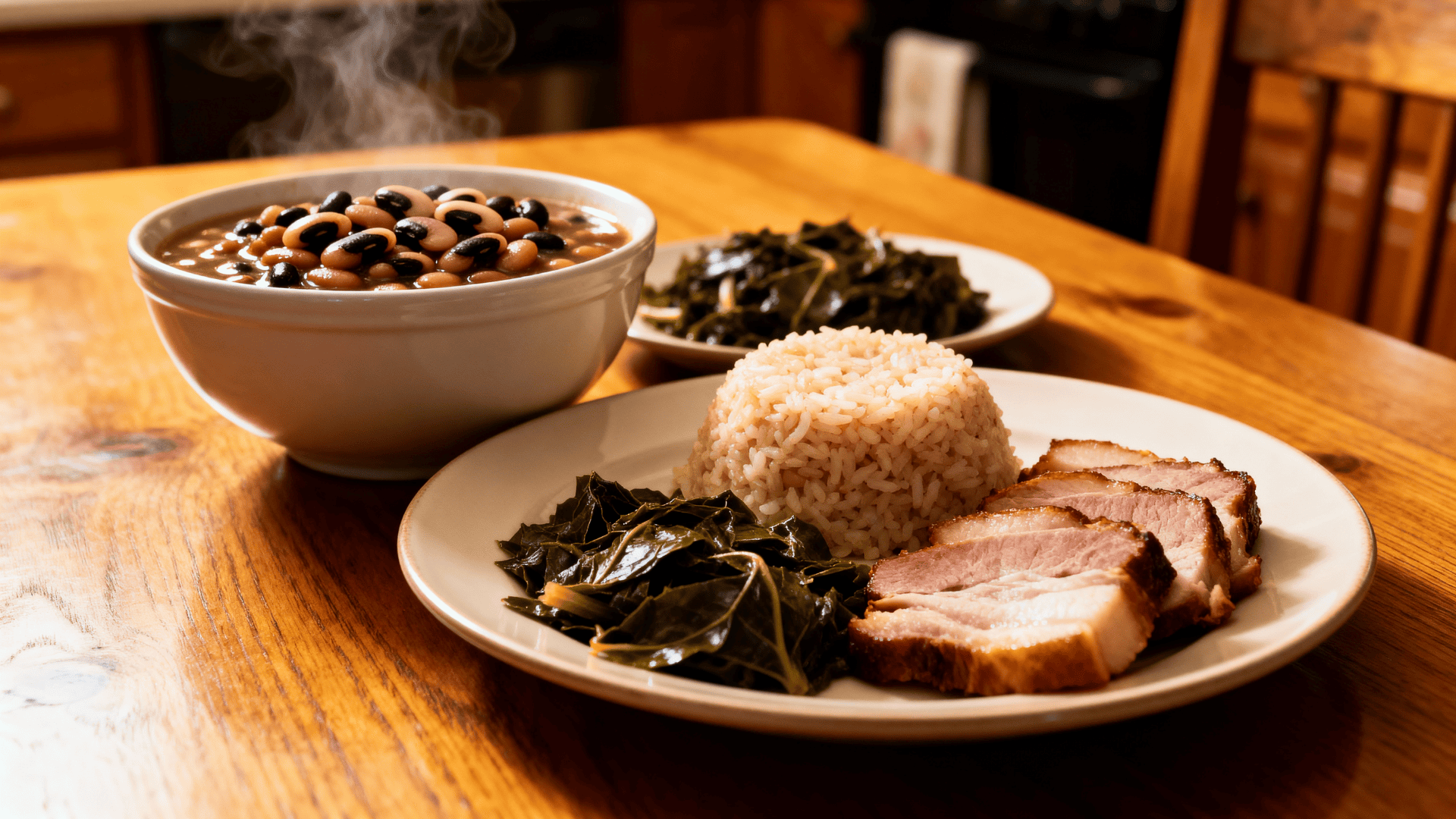 eating black eyed peas and collard greens