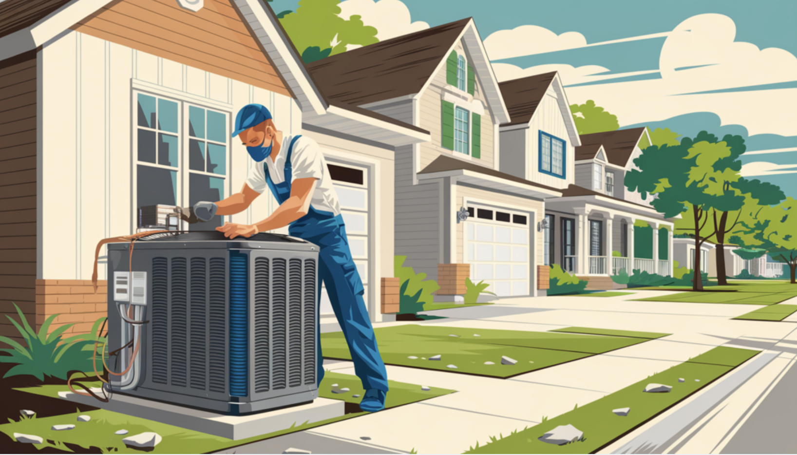 A professional HVAC technician is expertly servicing a central HVAC unit outside a modern suburban home in a picturesque Texas neighborhood, where the warm tones and lush greenery create a comforting atmosphere of efficiency and reliability, underscoring the brand's commitment to high-quality service and customer satisfaction.
