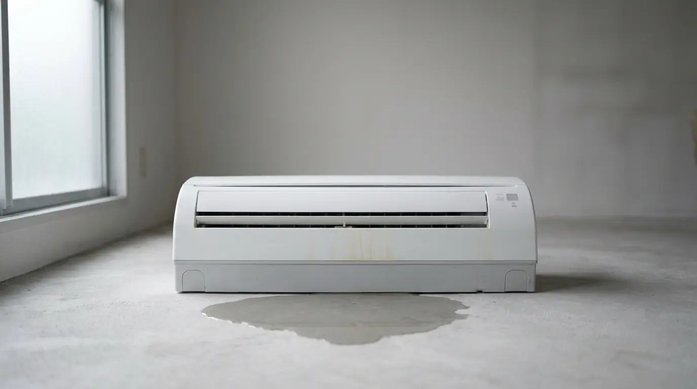 Air conditioner unit leaking water onto concrete floor in minimal indoor setting