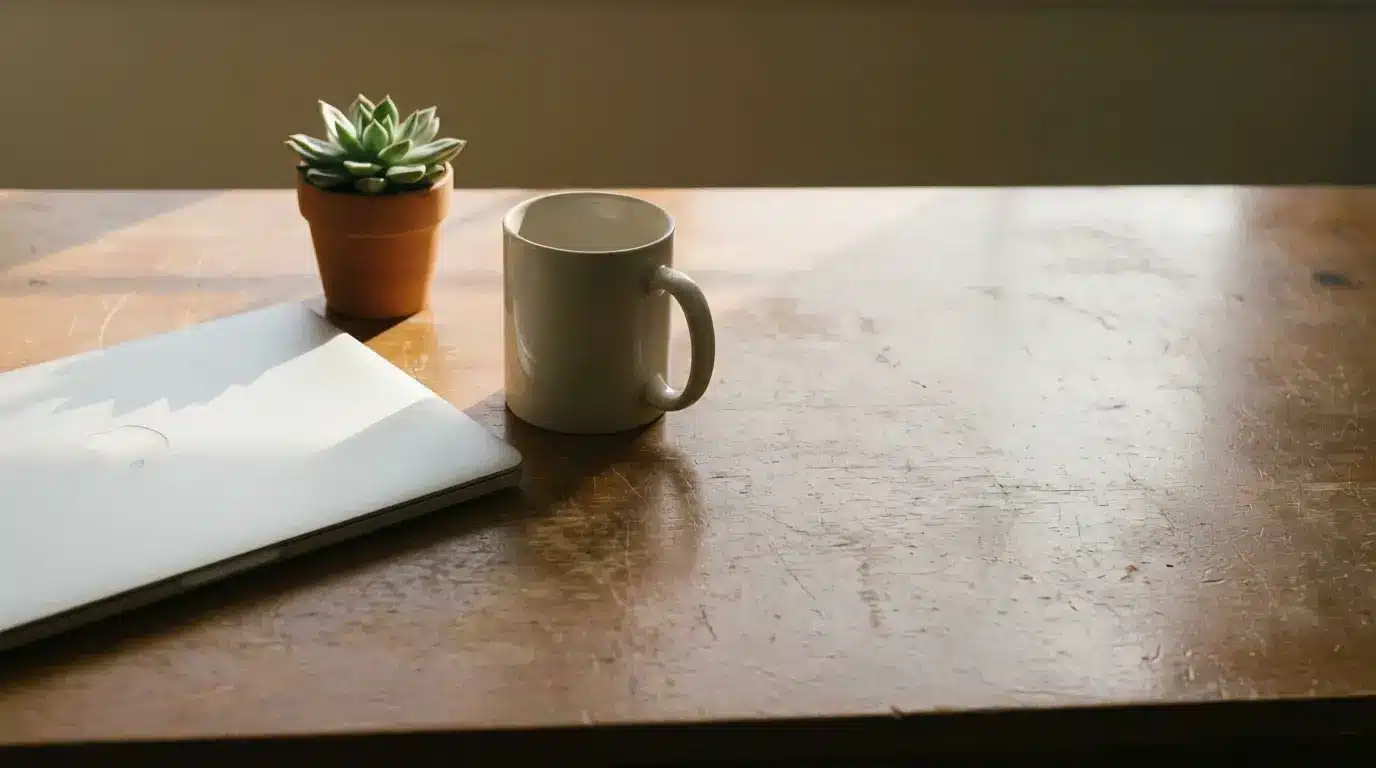 Laptop, white mug, and potted succulent on wooden desk in natural light