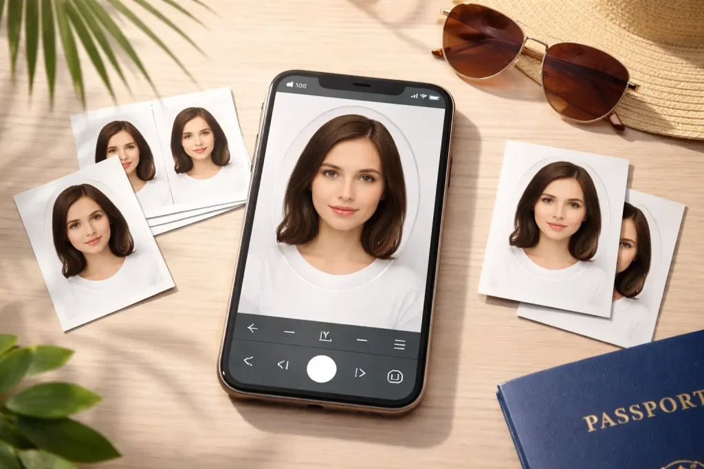 Smartphone displaying portrait photo on wooden table with printed photos, sunglasses, and passport nearby