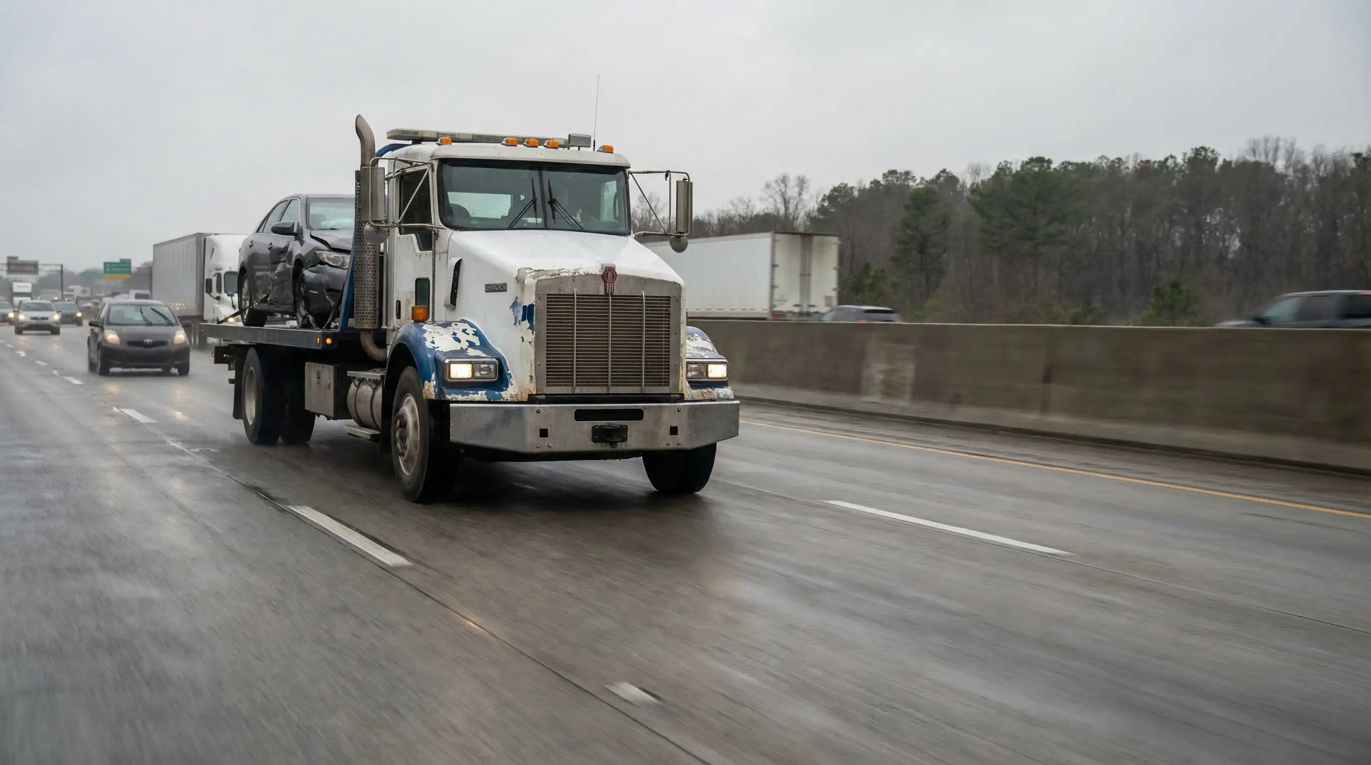 Tow truck transporting a damaged car on a highway with overcast sky and moving vehicles