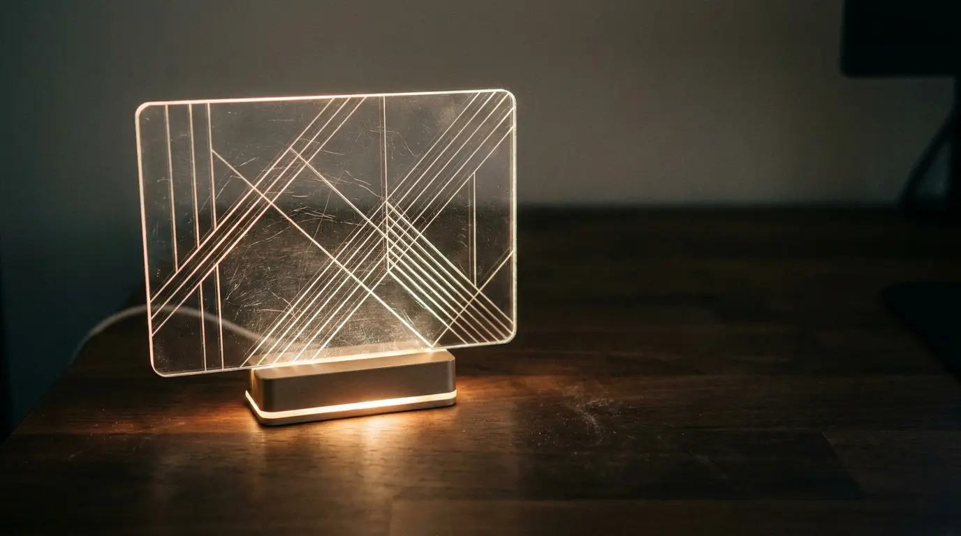 Glowing etched glass panel lamp on wooden desk in dimly lit room
