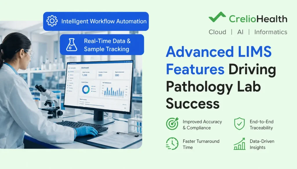 Scientist using microscope and computer with dashboard in modern laboratory setting