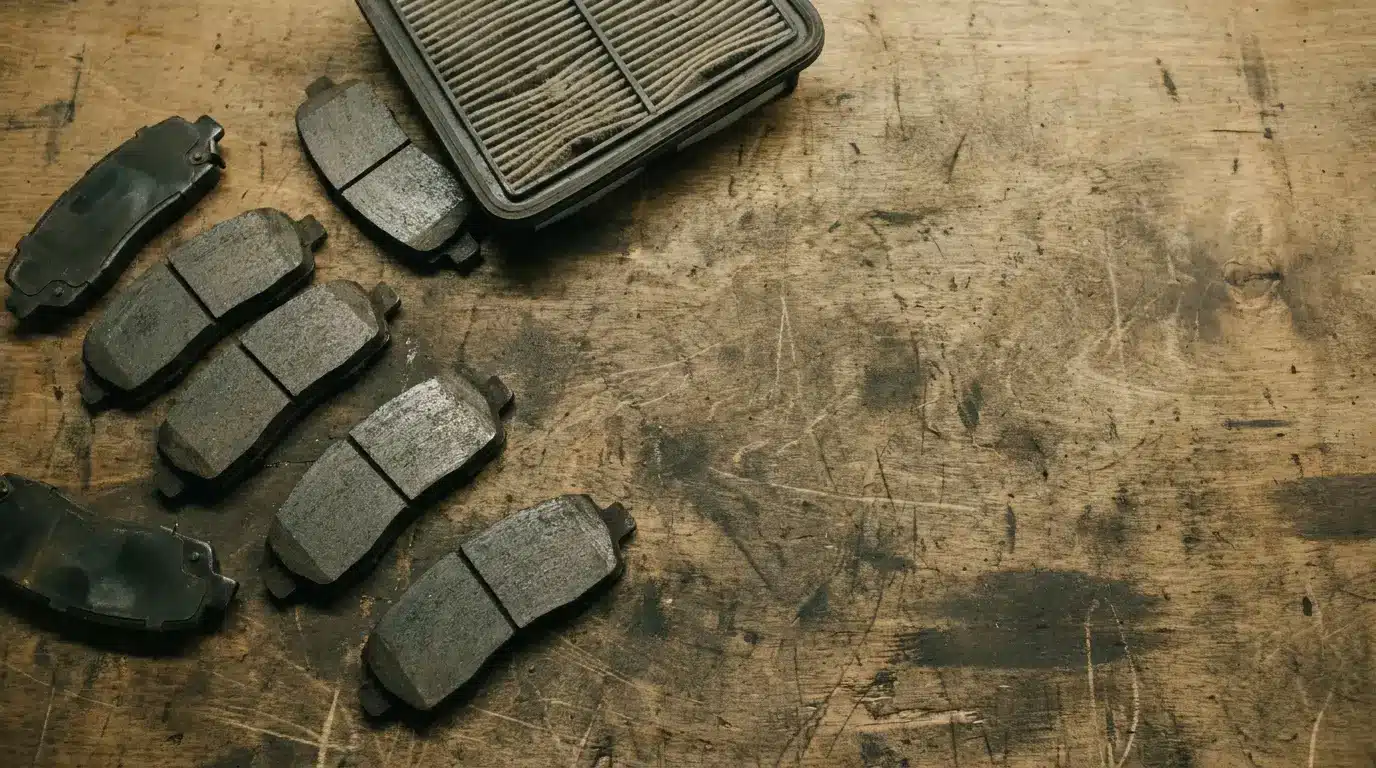Worn brake pads and air filter on a rustic wooden surface