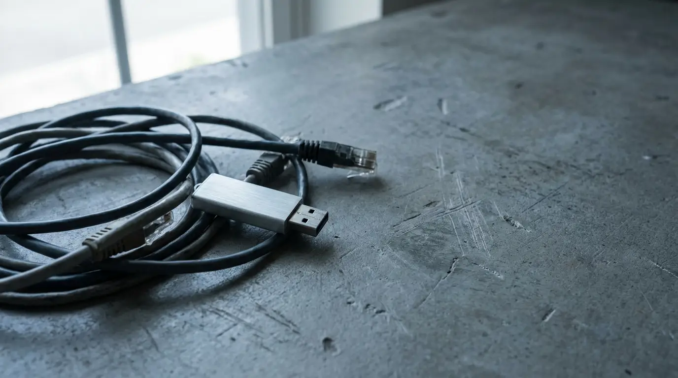 USB flash drive and Ethernet cable on scratched concrete surface in soft natural light