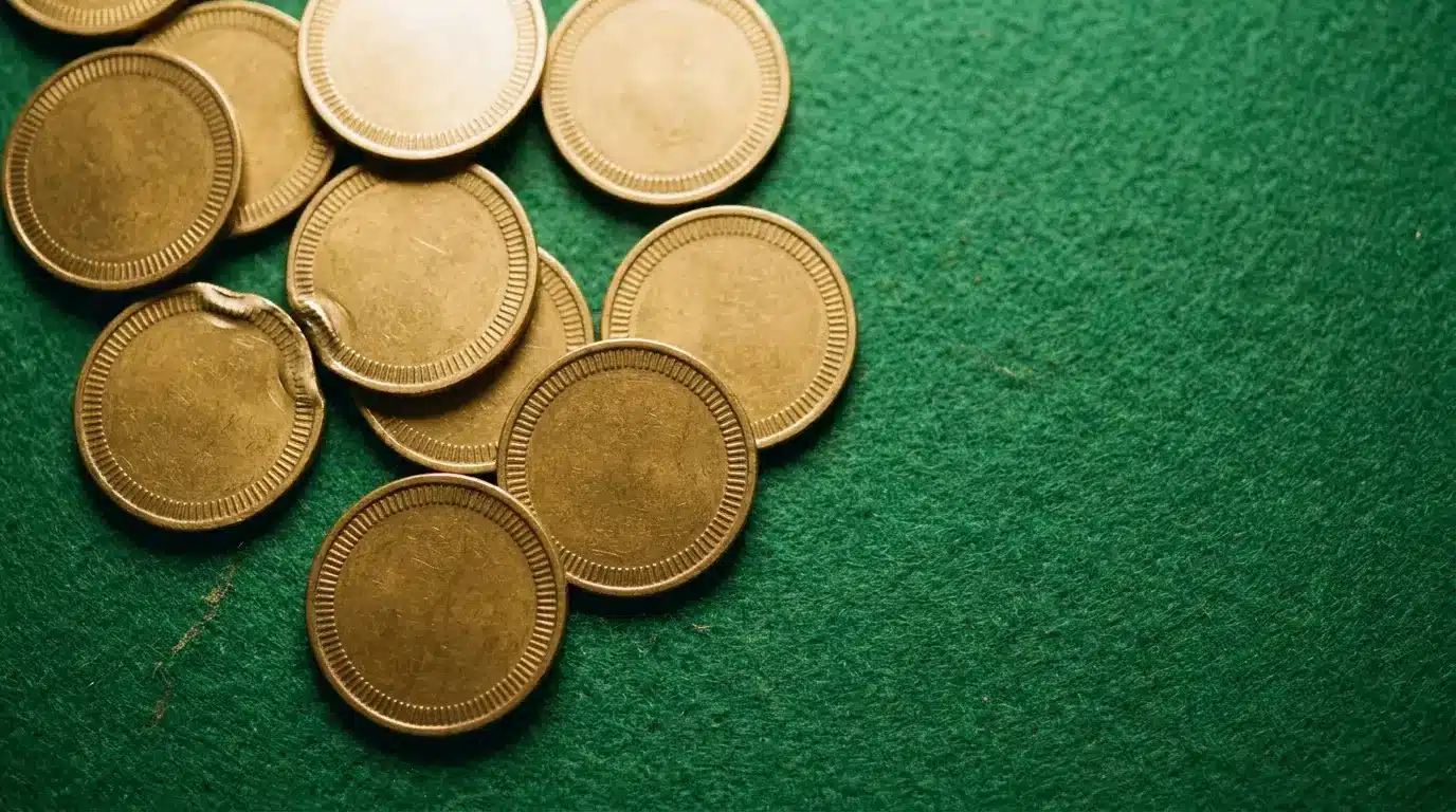 Gold-colored coins scattered on green felt surface in warm lighting