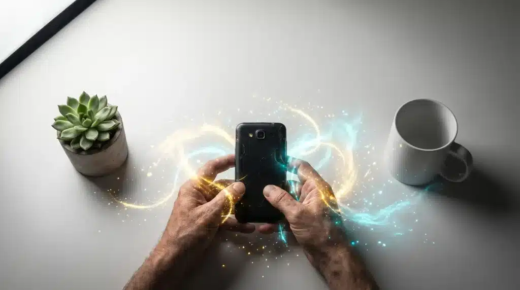 Hands holding smartphone with glowing digital effects next to succulent and white mug
