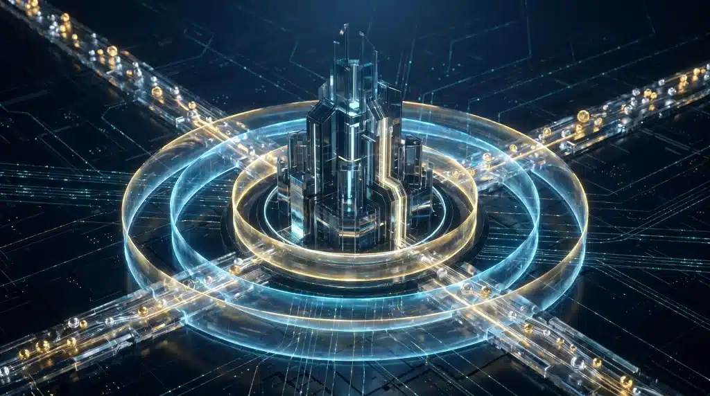 Futuristic cityscape with glowing circuits and spherical elements in a digital environment