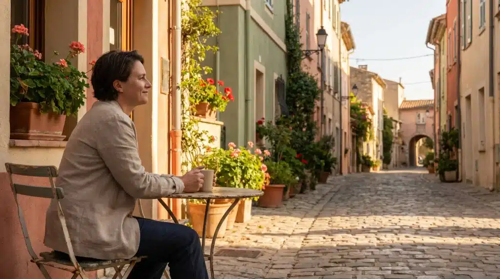 Person sitting with coffee at outdoor café table on cobblestone street with colorful buildings