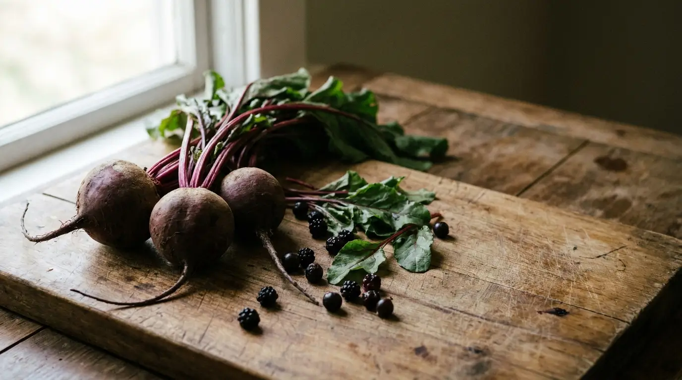 Beetroots and blackberries on rustic wooden table by window in natural light