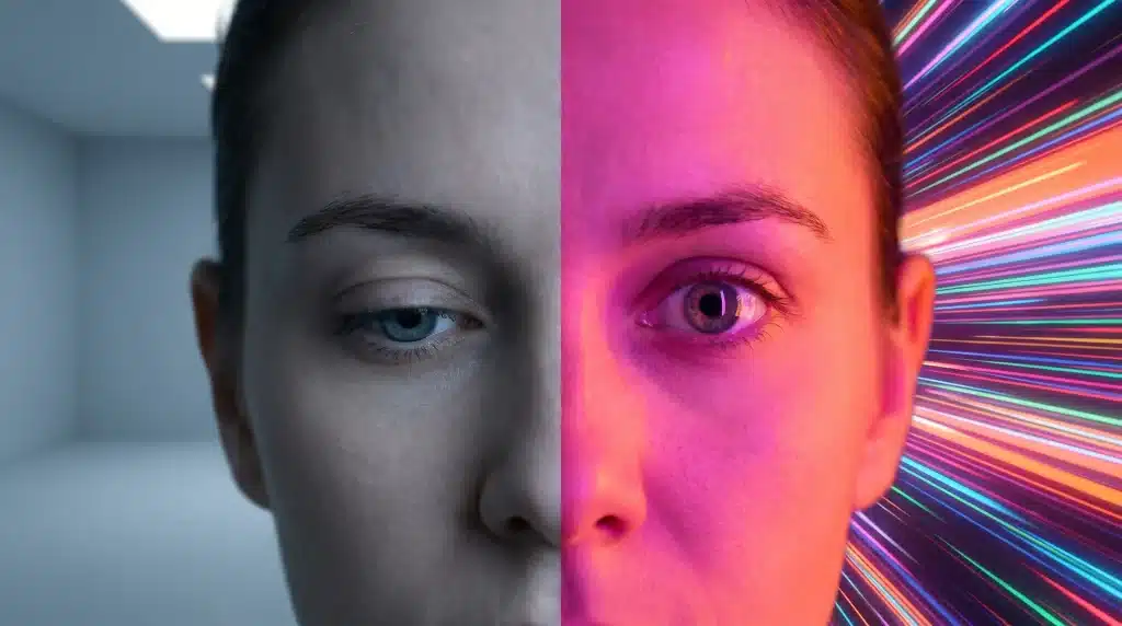 Dual-faced person with one side in blue lighting, other in vibrant neon streaks background