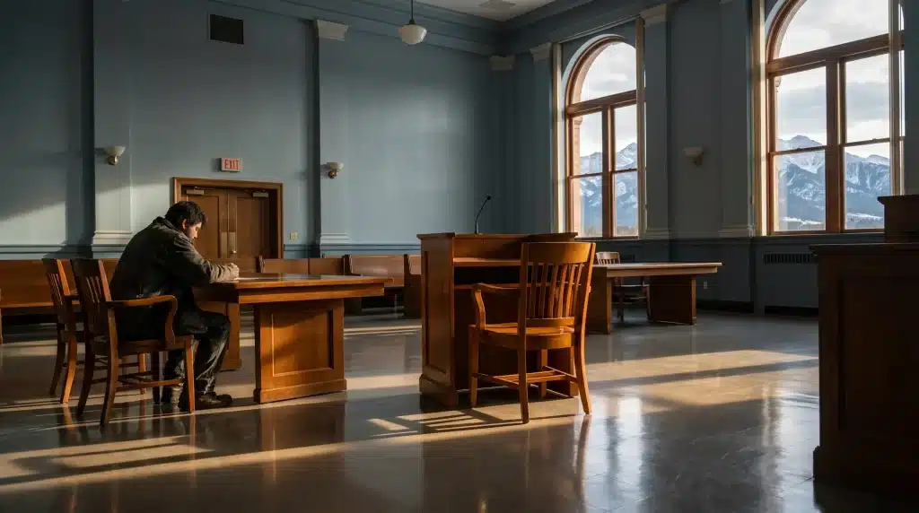 Man sitting at wooden table in sunlit courtroom with mountain view through arched windows
