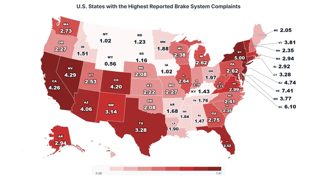 Map of U.S. states with color-coded brake system complaint rates