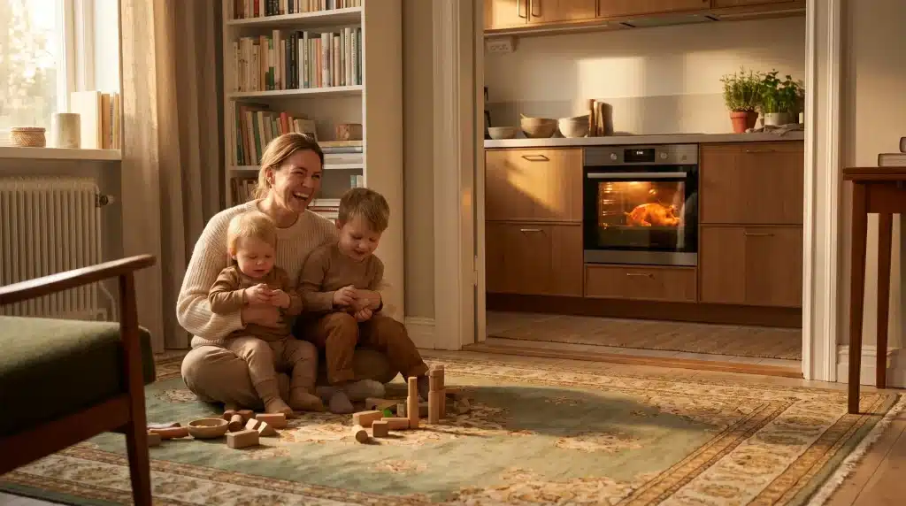 Mother playing with children on carpeted floor in cozy living room with kitchen in background