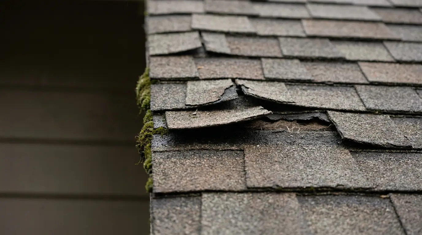 Damaged roof shingles with moss growth in dim outdoor lighting