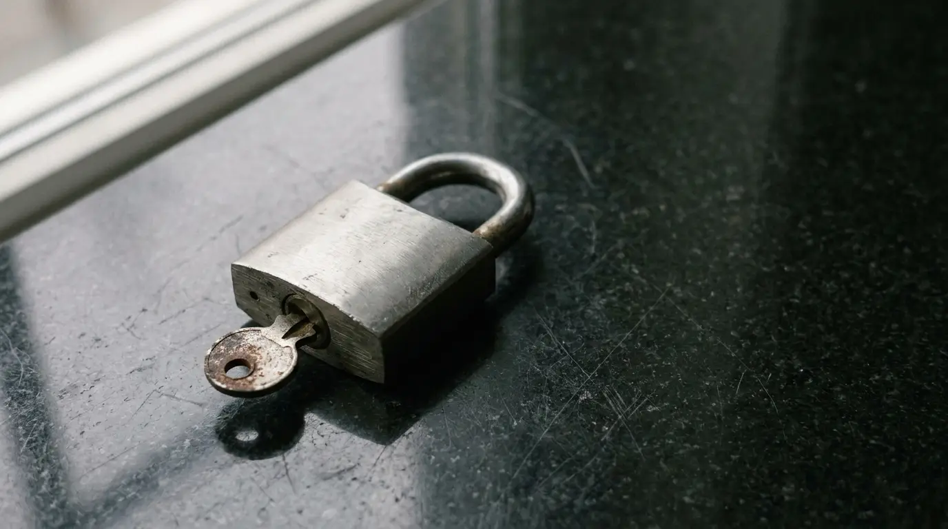 Metal padlock with inserted key resting on dark stone surface under soft lighting