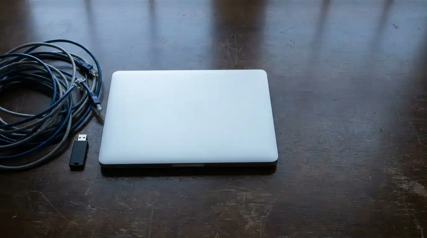 Laptop and tangled Ethernet cables on dark wooden table with USB drive nearby