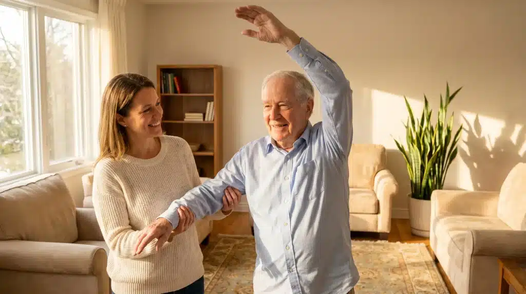 Woman assisting elderly man with arm exercises in a sunlit living room