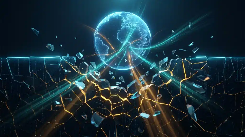 Glowing Earth with digital lines, surrounded by shattered glass and orange beams of light