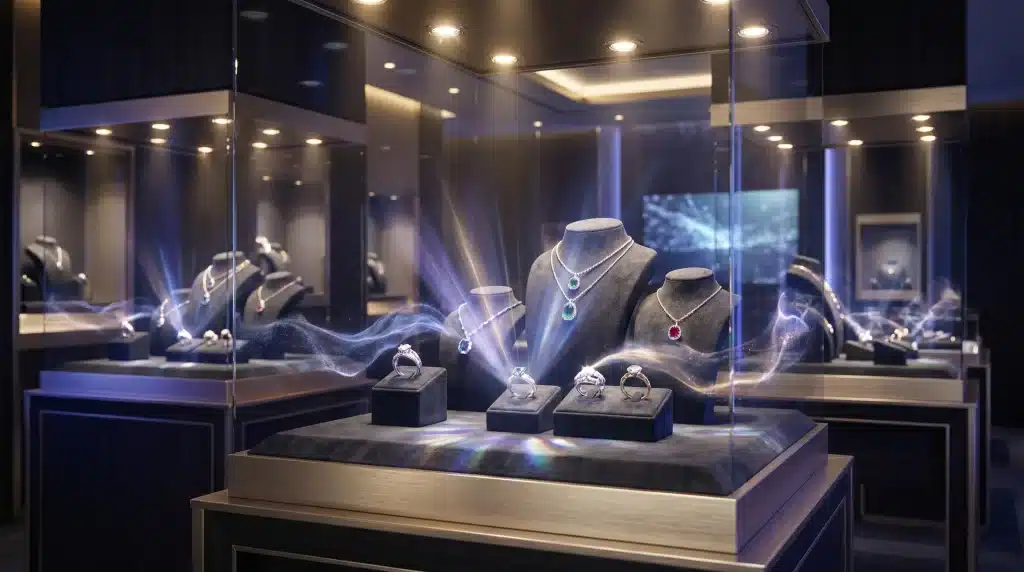 Jewelry display with necklaces and rings in a luxurious glass showcase under bright lighting