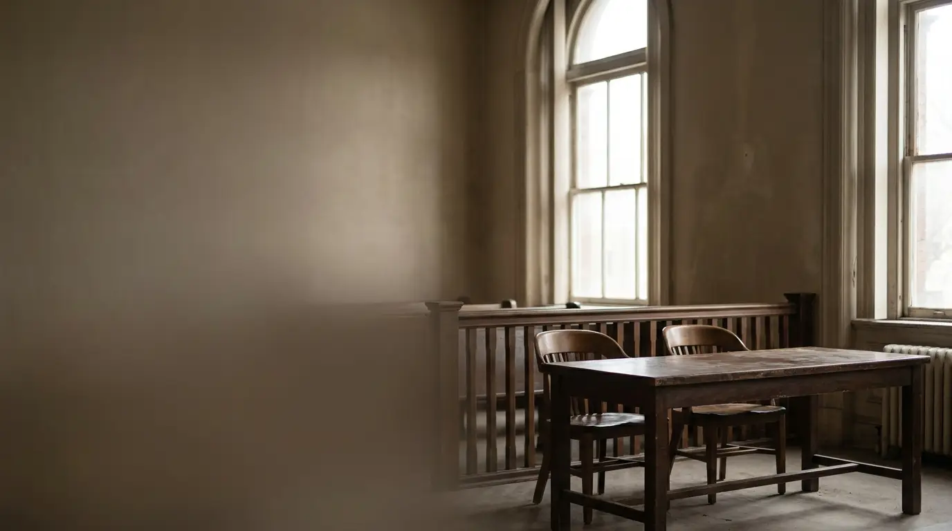 Wooden table and chairs in an empty, dimly lit room with large windows
