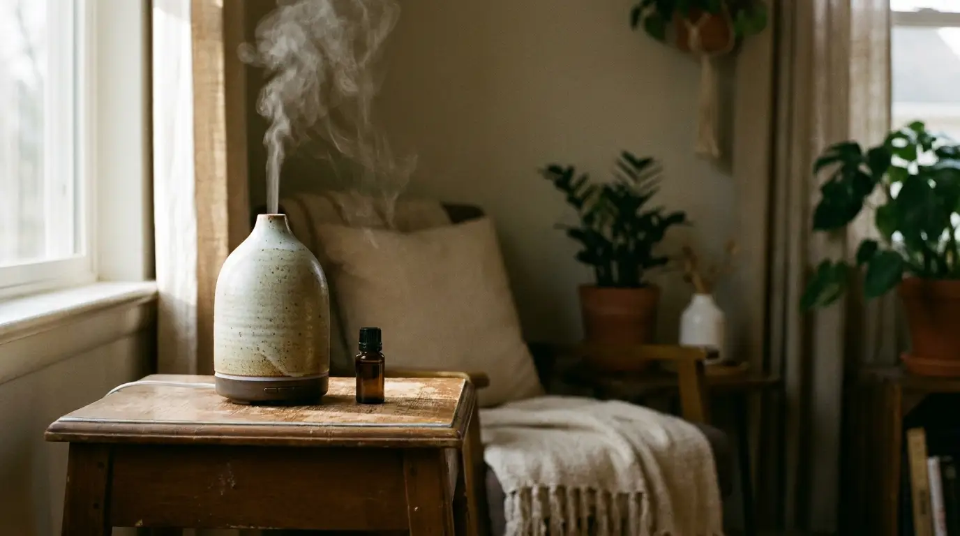 Ceramic diffuser emitting steam on wooden table in cozy living room with indoor plants