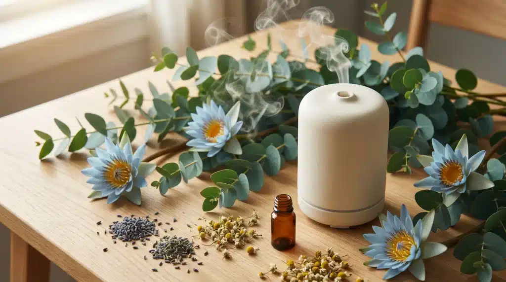 Ceramic diffuser with steam surrounded by blue flowers and eucalyptus on wooden table