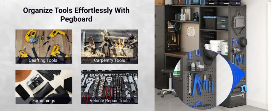 Pegboard with organized tools in a garage workspace including shelves and storage bins