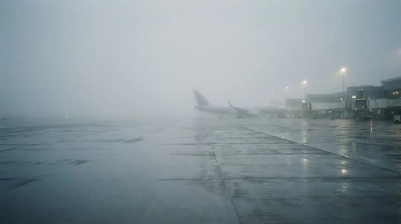 Foggy airport tarmac with parked airplanes and terminal buildings under dull sky