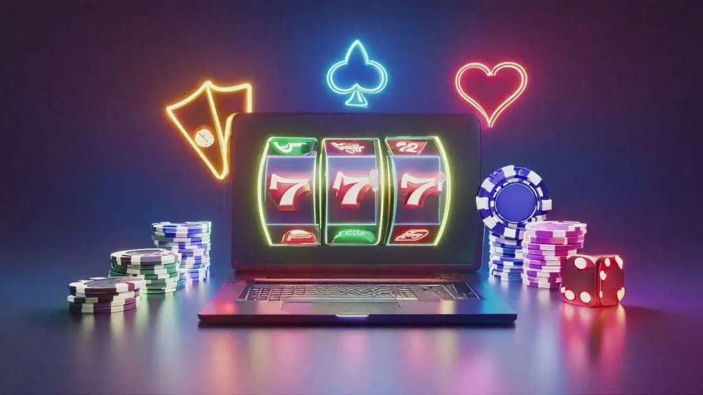 Laptop with digital slot machine display surrounded by poker chips and neon card symbols